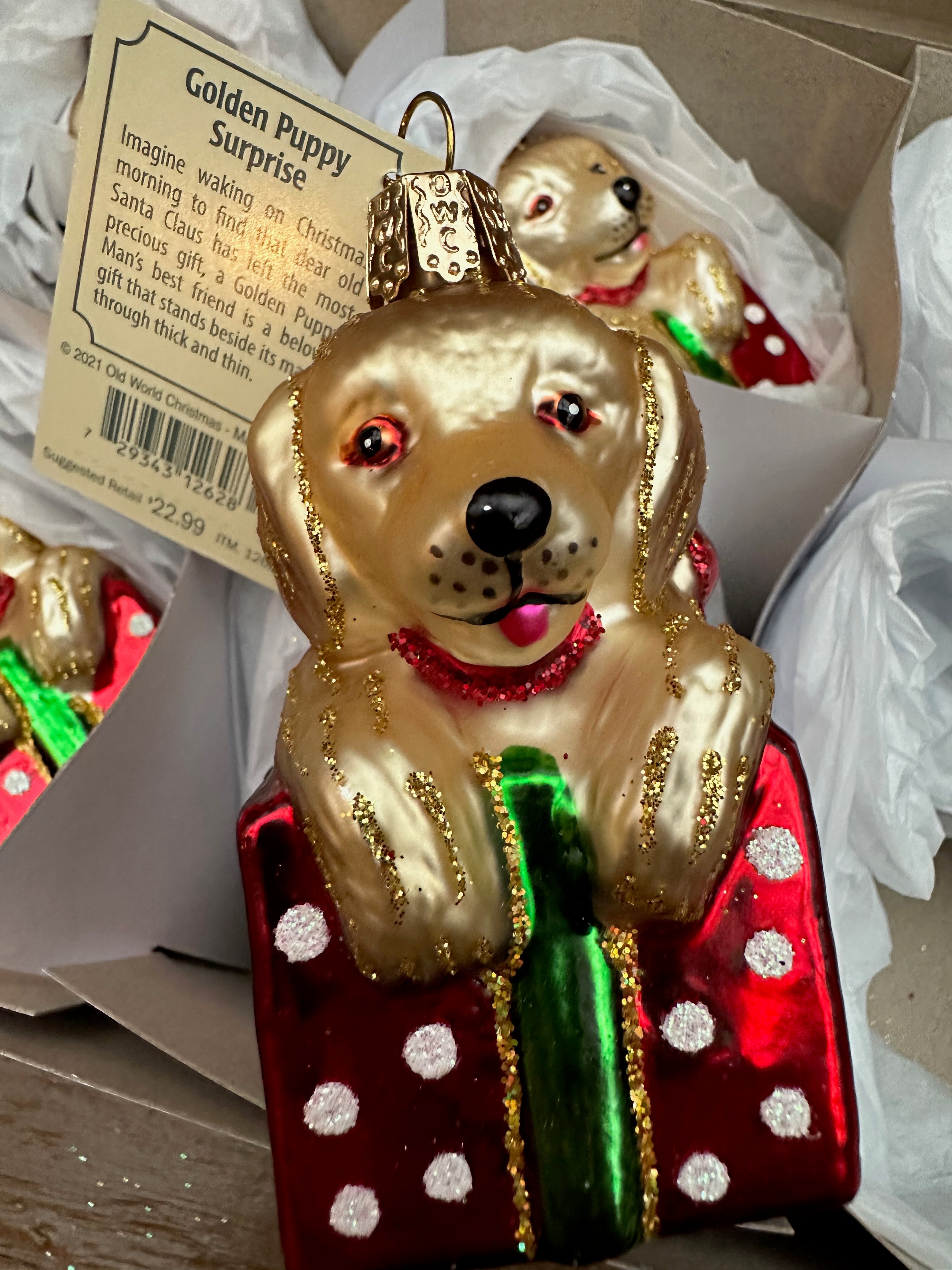Golden Puppy Surprise Old World Christmas Ornament