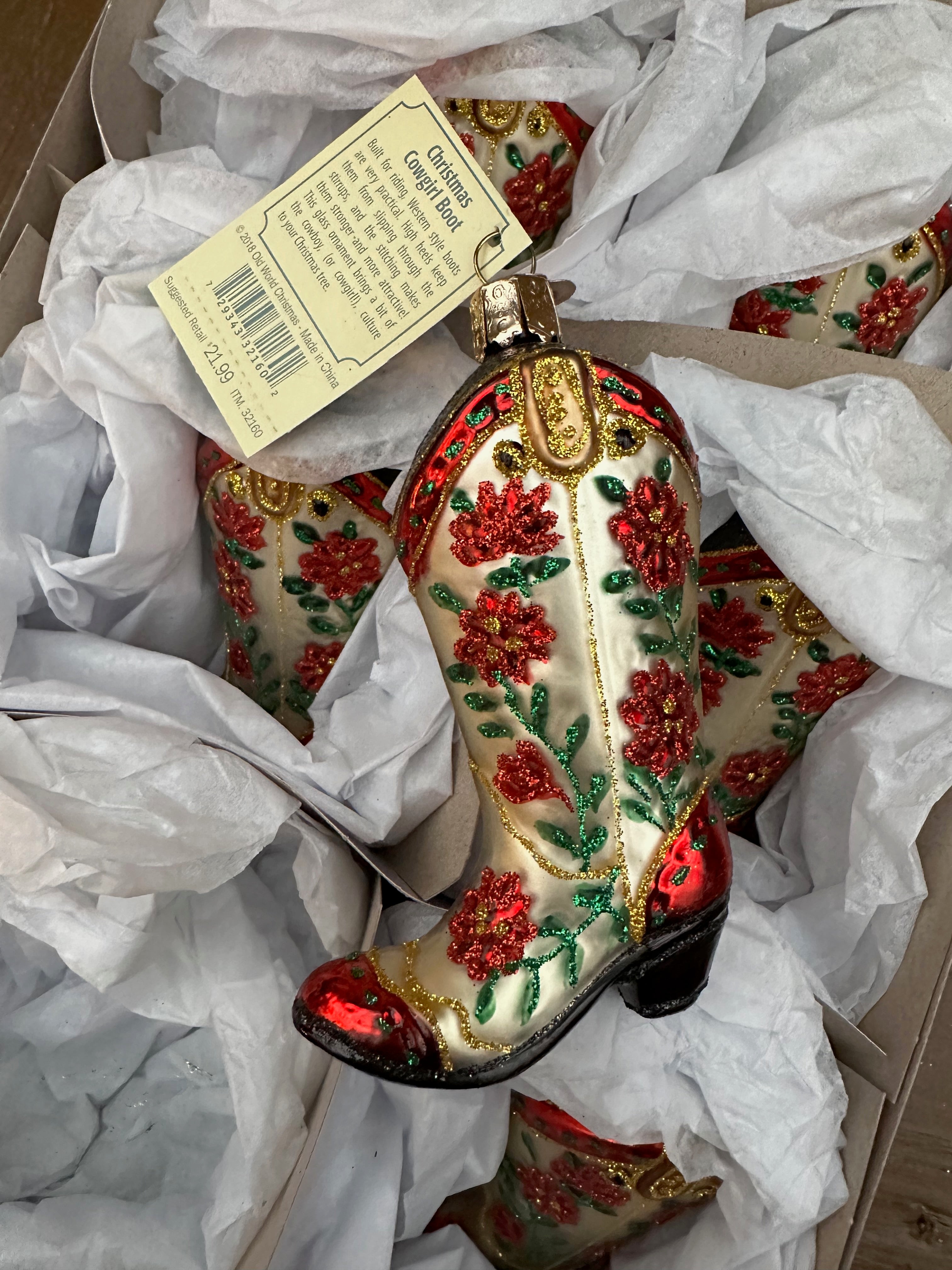 Christmas Cowgirl Boot Old World Christmas Ornament