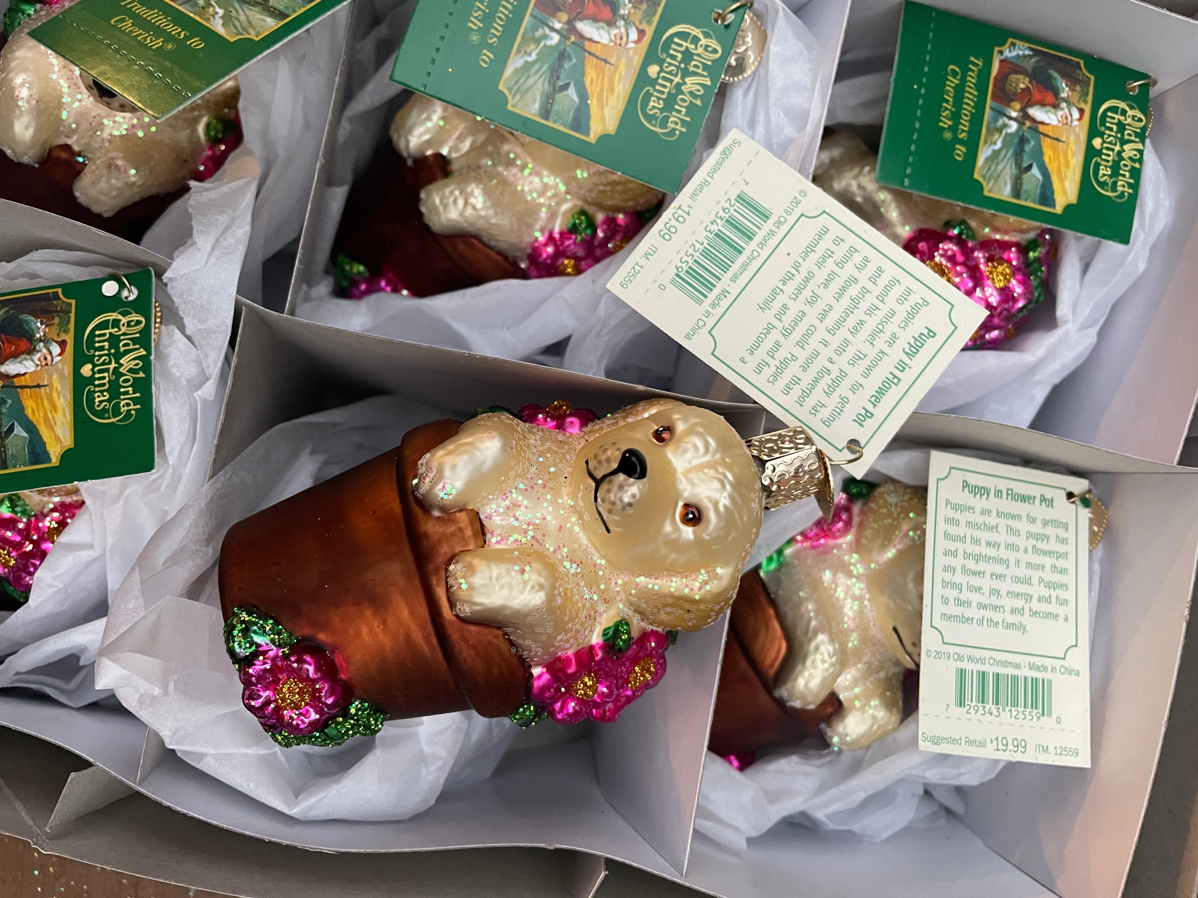 Puppy in Flower Pot Old World Christmas Ornament