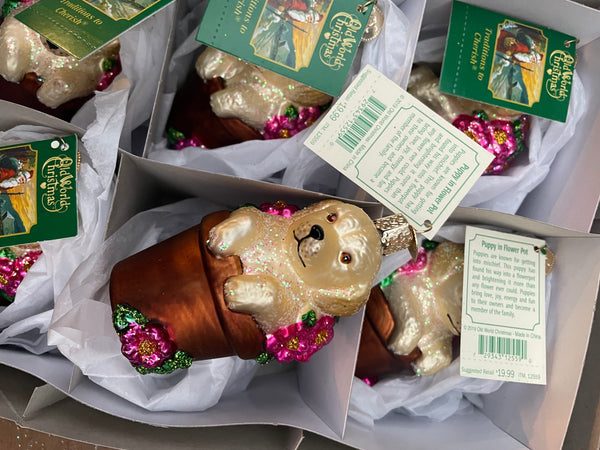 Puppy in Flower Pot Old World Christmas Ornament